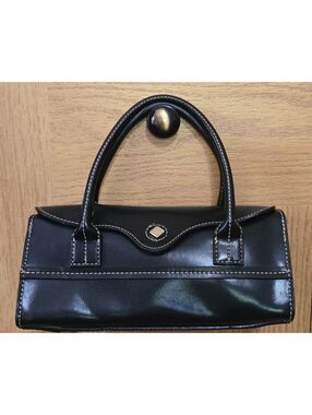 Emilie M. Black Leather Small Handbag with White Stitching and Gold-tone Clasp